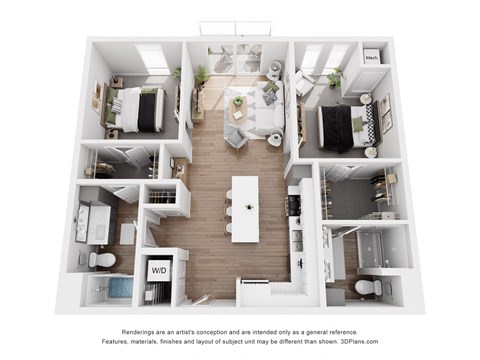 Floor plan for 2 beds, 2 baths, 1039 sqft